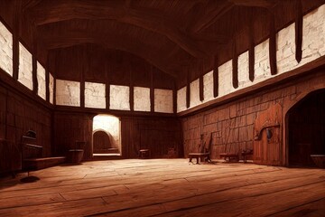 AI generated illustration of a medieval room made of wood and brick stones