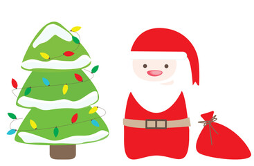 Christmas simple vector. Green Christmasr tree with snow and garland and Santa Claus with red bag