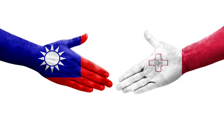 Handshake between Taiwan and Malta flags painted on hands, isolated transparent image.