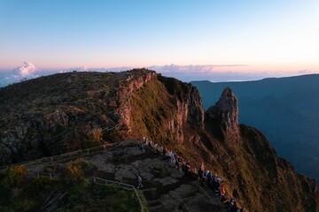 Bird's-eye view of people hiking in the mountains
