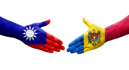 Handshake between Taiwan and Moldova flags painted on hands, isolated transparent image.