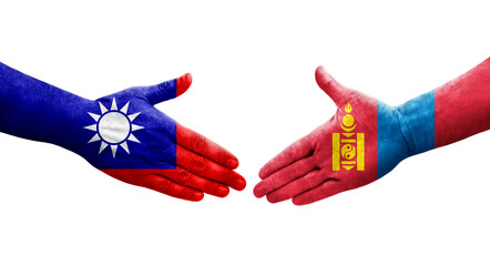 Handshake between Taiwan and Mongolia flags painted on hands, isolated transparent image.