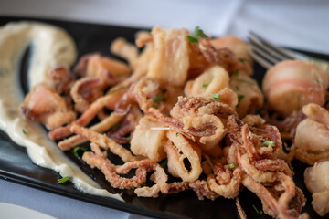 Close up of Calamari, Fried Squid served on plate.