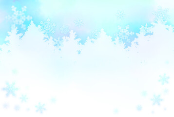 Fototapeta na wymiar 雪の結晶とモミの木の青い水彩調シルエットシンプルフレーム