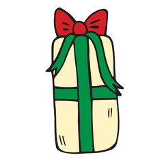 Festive New Year Gift Box with a Bow in Cartoon Doodle Style. Birthday or Christmas Present Illustration. Graphic Colorful Sketch, Vector icon, Print, Logo isolated on a white background.