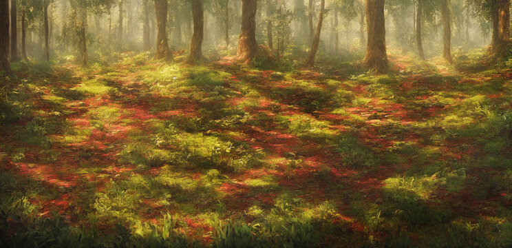 Magic fairytale fantasy painting of the ground of the magic forest with indirect light. Digital image painted dark fairytale fantasy landscape in impressionism style. Generative AI 