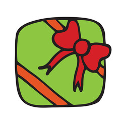 Festive New Year Gift Box with a Bow in Cartoon Doodle Style. Birthday or Christmas Present Illustration. Graphic Colorful Sketch, Vector icon, Print, Logo isolated on a white background.