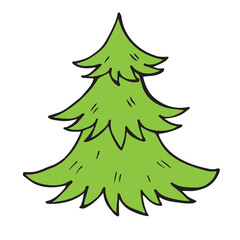 Festive Christmas Tree in Cartoon Doodle Style. Christmas Decoration. Graphic Colorful Sketch, Vector icon, Print, Sticker, Logo isolated on a white background.