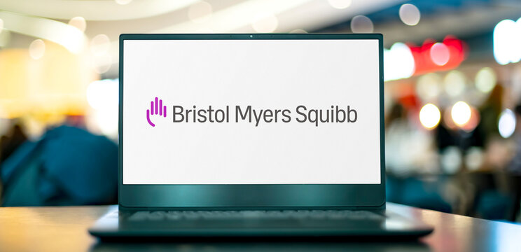 Laptop computer displaying logo of Bristol-Myers Squibb