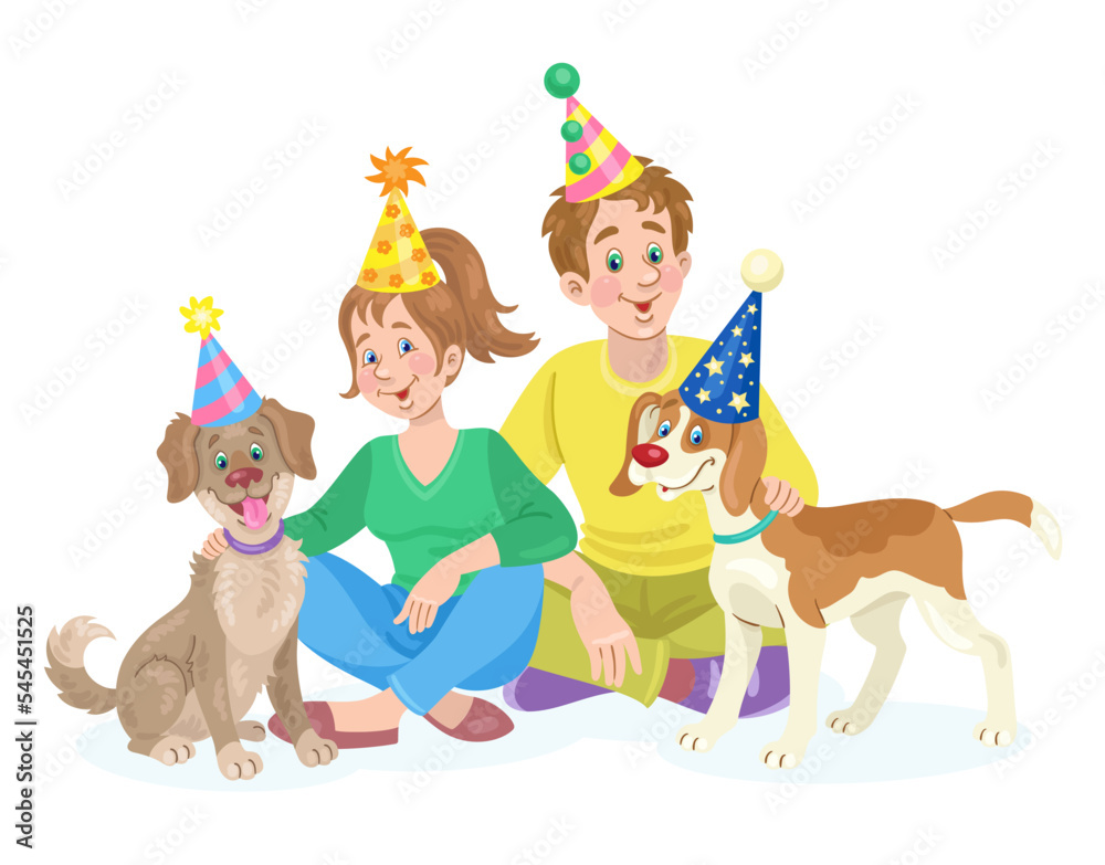 Sticker Happy birthday! Funny boy and cute girl are sitting with their favorite dogs in  party hats. In cartoon style. Isolated on white background. Vector flat illustration.