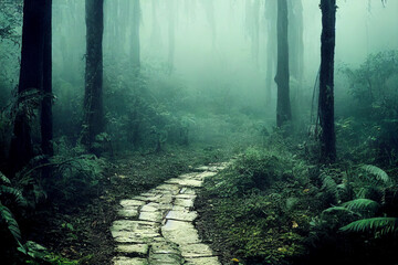 Fototapeta premium Path through a mysterious foggy forest landscape 