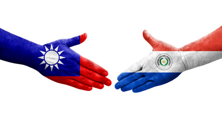 Handshake between Taiwan and Paraguay flags painted on hands, isolated transparent image.