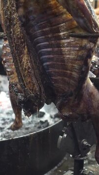 HD of smoking pork neck in smokehouse