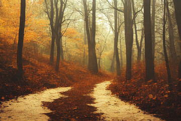 Path through a mysterious foggy autumn forest landscape 