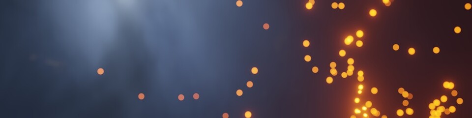 Glowing defocused particles floating in dark foggy night sky. Abstract magical background illustration.
