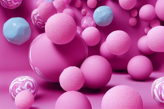 Realistic 3d render of Floating suspended vivid pink balls in a pink background