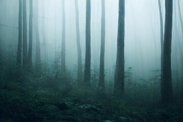 Fototapeta premium Mysterious foggy forest landscape