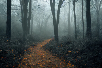 Fototapeta premium Path through a mysterious foggy forest landscape 