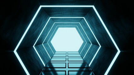 3d render design of an illuminated hexagonal tunnel