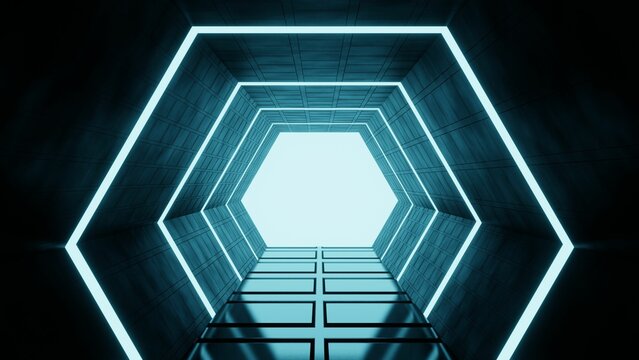3d render design of an illuminated hexagonal tunnel