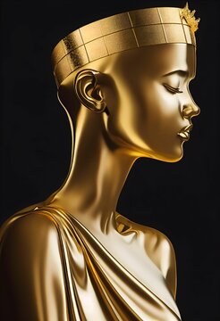 Vertical AI-generated illustration of a golden woman with a crown on a dark background