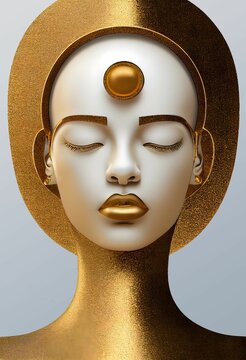 Vertical AI-generated illustration of a golden woman with closed eyes on a white background