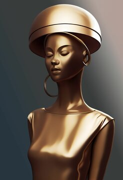 Vertical AI-generated illustration of a golden woman with head decorations on a grey background