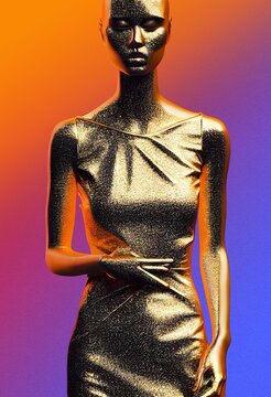 Vertical AI-generated illustration of a metallic woman on a gradient background