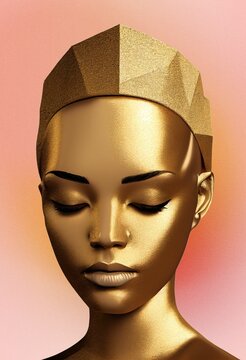 Vertical AI-generated illustration of a golden woman with closed eyes on a gradient background