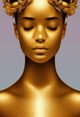 Vertical AI-generated illustration of a golden woman with a crown on a gradient background - obrazy, fototapety, plakaty