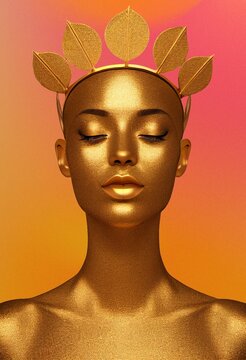 Vertical AI-generated illustration of a golden woman with a leaves crown on a gradient background