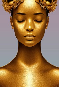 Vertical AI-generated illustration of a golden woman with a crown on a gradient background