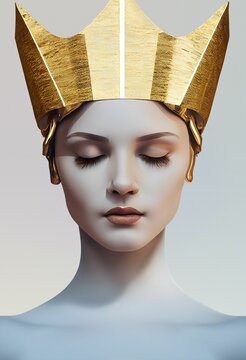 Vertical AI-generated illustration of a white woman with a golden crown on a white background