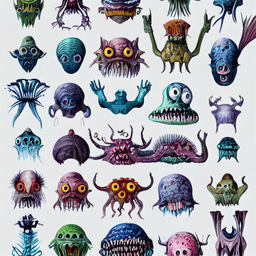 set of cartoon monster illustration sprite sheet style 