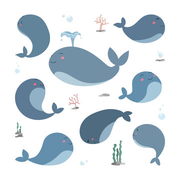 Collection of illustrations whale, cute flat style, childish, cartoon, decorative elements