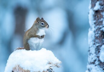 Red squirrel (Sciurus vulgaris) sitting in the snow on a stump - obrazy, fototapety, plakaty
