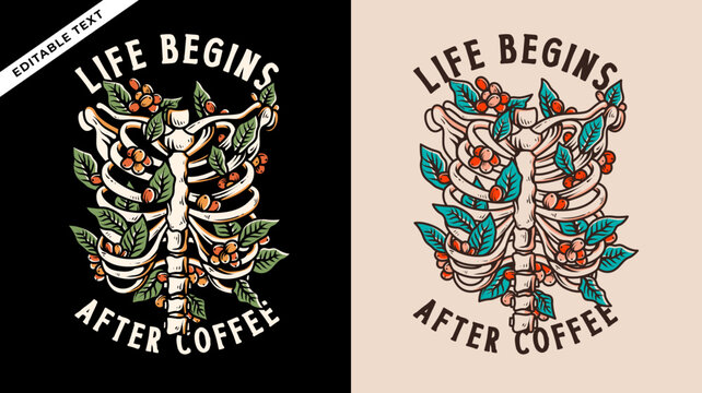 skeleton rib with coffee plant illustration