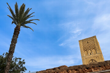 The Hassan Tower with blue sky in the background in Rabat, Morocco