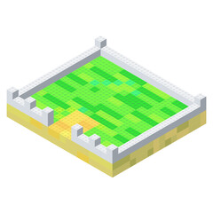 The idea of a courtyard with a stone fence assembled from multi-colored plastic blocks in isometric style for print and design. Vector illustration.