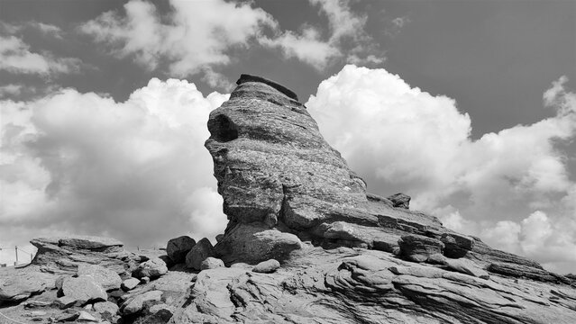 Grayscale of Sphinx rock formation in Bucegi Mountains, Romania