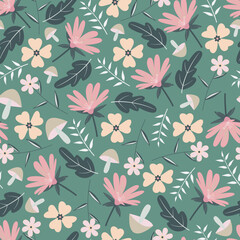 Dainty floral seamless surface pattern design. Allover print floral arrangement of bunch of blooming wildflowers and leaves