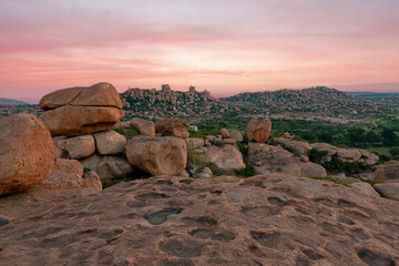 Panoramic sunrise view over the ancient city of Vijayanagara, Hampi, Karnataka, India, UNESCO World Heritage Site.