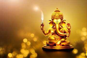 Selective focus on statue of Lord Ganesha , Ganesha Festival. Hindu religion and Indian celebration of Diwali festival concept on dark, red, yellow background and copy space.