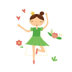 Childish vector illustration of a cute dancing princess isolated on white background for your design