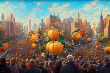 Macy's Thanksgiving Day Parade in the New York. Holiday, cartoon style. Autumn. City landscape. Illustration for advertising postcards and cartoons.