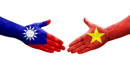 Handshake between Taiwan and Vietnam flags painted on hands, isolated transparent image.