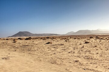 Mountain landscape in Corralejo sand dunes on Fuerteventura, Spain