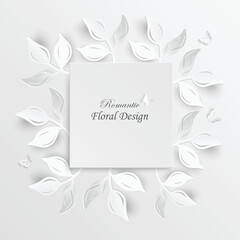 Paper flower. Frame. White rose. White rectangular photo frame with white cut out paper flowers.
