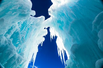 Low angle of huge ice formations with hanging icicles against the blue clear sky