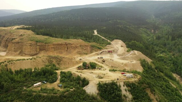 Gold mines near Dawson City in Yukon Territory, Canada. Aerial drone view